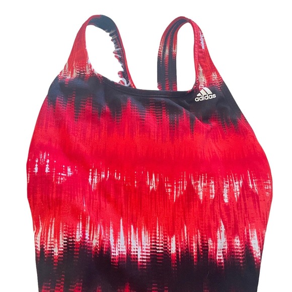 ADIDAS Graphic Stripe V Back Red Black White 1pc Swim Suit NEW Women’s Size 32 - Picture 2 of 5
